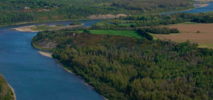 Aerial view of Riverstead at Keswick community in Edmonton featuring natural landscaped and river valley access