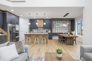 Modern kitchen with quartz countertops and stainless steel appliances in Edmonton Home
