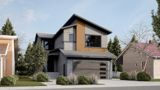 Modern front exterior of the Aria model by Vita Homes, a custom home builder offering new homes in Edmonton and Beaumont