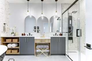 Luxurious master ensuite in the mirage model complete with dual sinks and a glass-enclosed shower