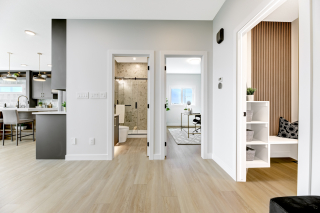 View of main floor full bathroom and den in the Venetian model available in beaumont and edmonton