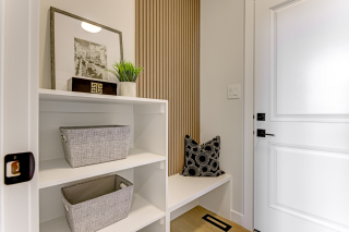Mudroom in the Venetian model with custom MDF bench in Beaumont and Edmonton