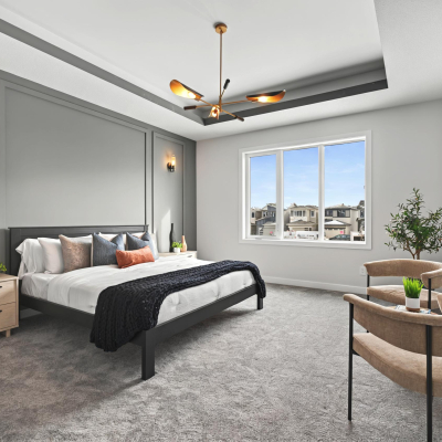 Master bedroom with indent ceiling and large windows in the Bellagio with Bar model by Vita Homes