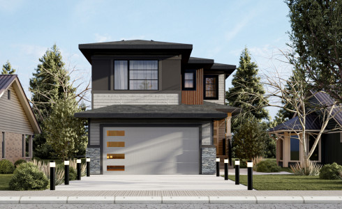 Front exterior of the bellagio with Bar model by vita homes, show casing modern architectural design in Edmonton