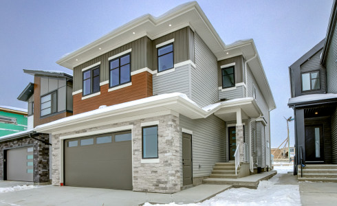 Front exterior of the Mirage model by Vita Homes, showcasing modern architectural design in Edmonton and Beaumont